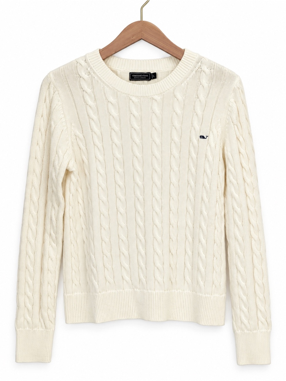 Vineyard Vines Ivory Cable Knit Cotton Sweater Large Whale Logo